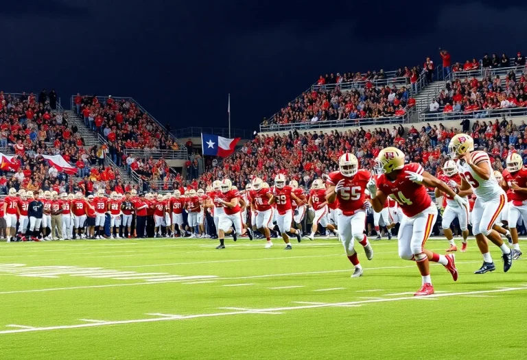 High school football players in action on a field in Texas