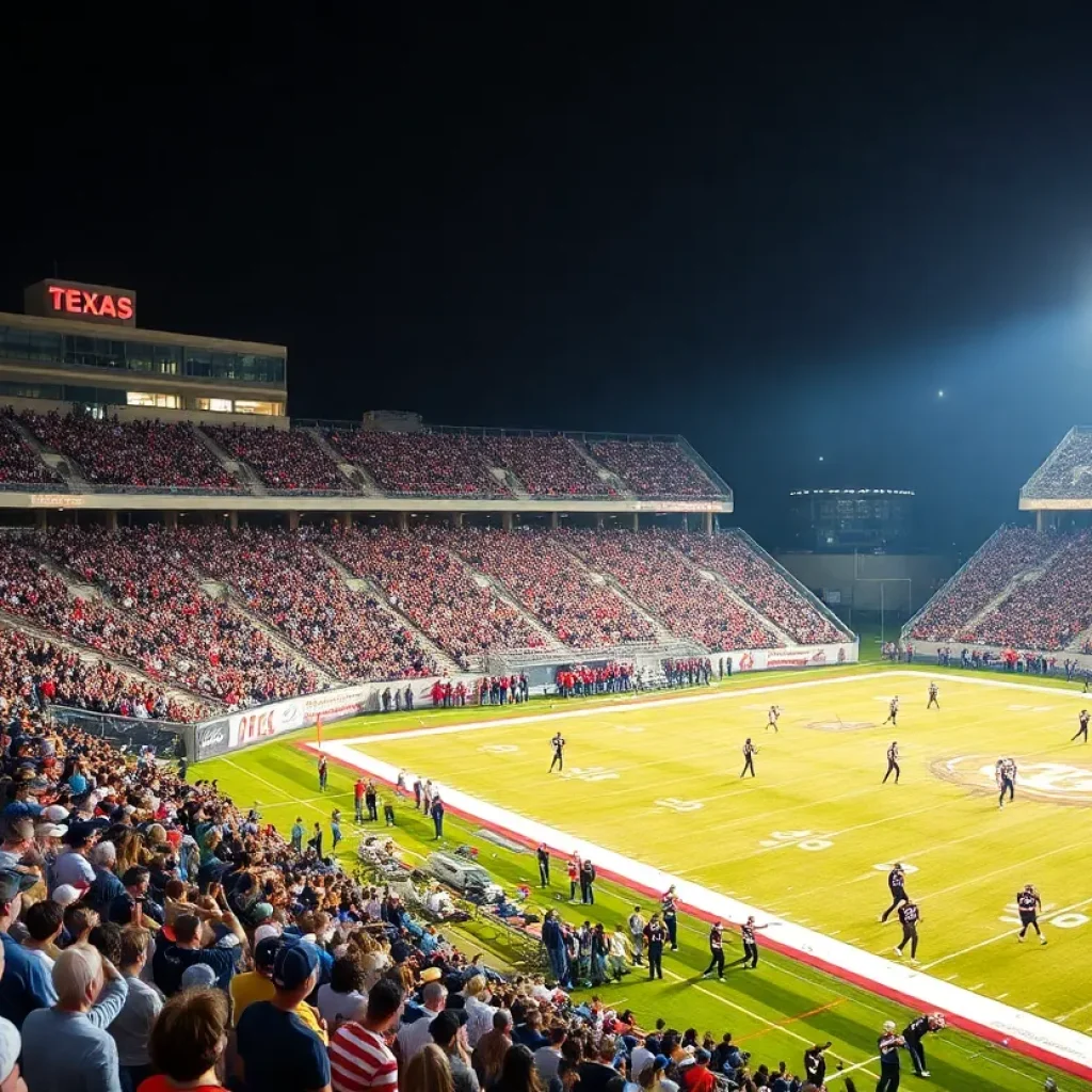 High school football game in Texas with cheering fans and players on the field