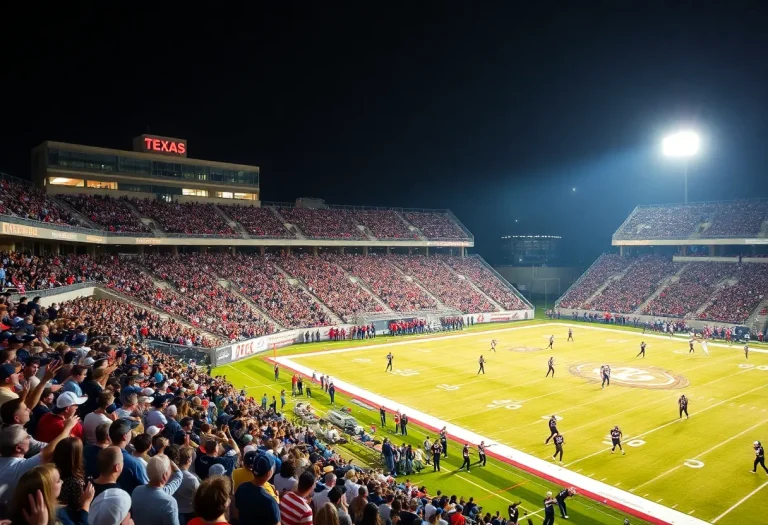 High school football game in Texas with cheering fans and players on the field
