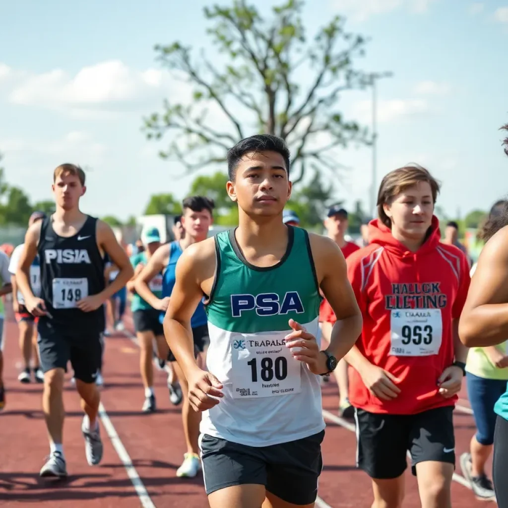 A vibrant scene from a small town track and field event with various athletes.