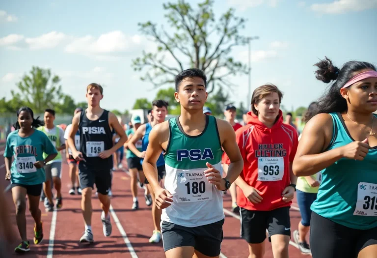 A vibrant scene from a small town track and field event with various athletes.