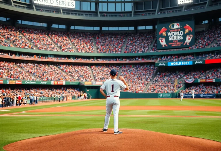 Young pitcher on mound during World Series game with fans cheering.