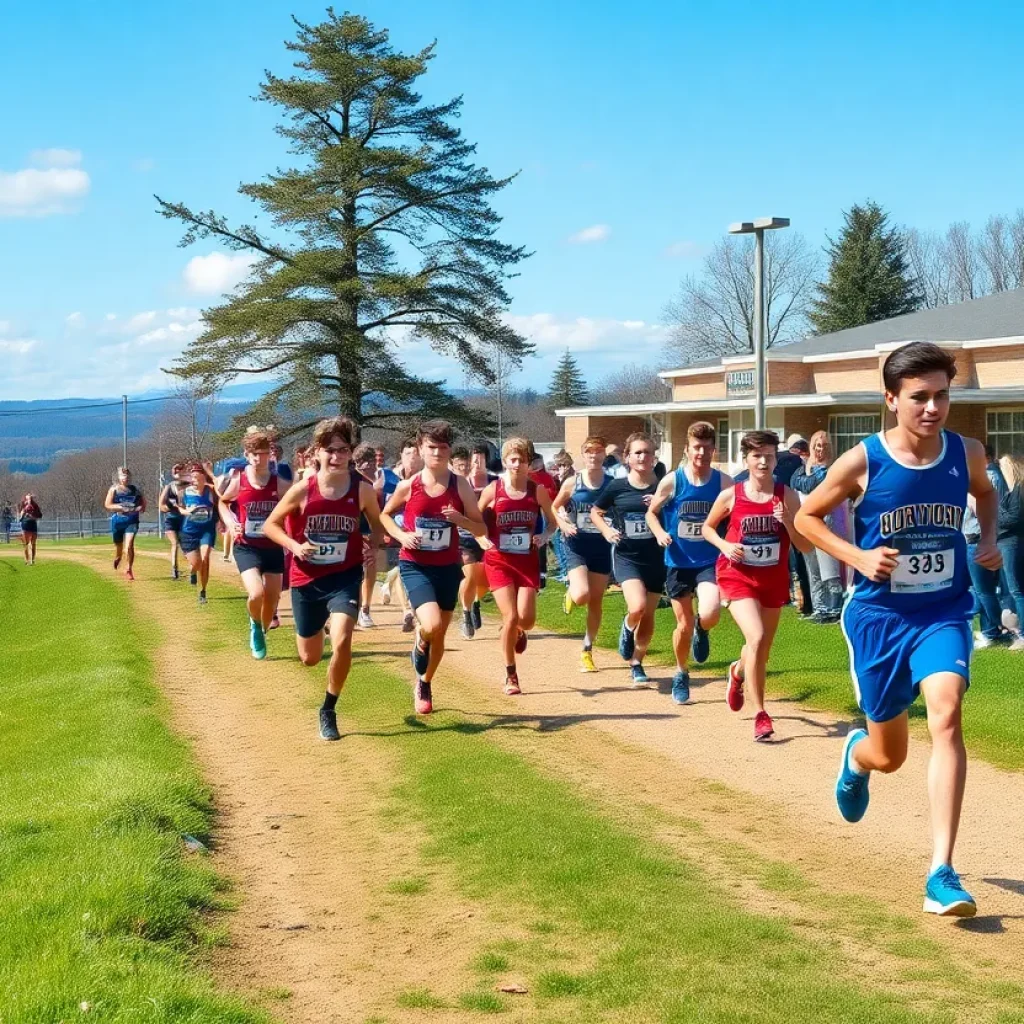 Runners competing at the Triad High School Cross Country Meet with spectators cheering in the background.