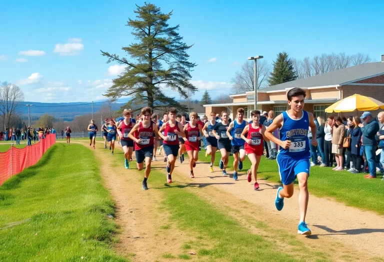 Runners competing at the Triad High School Cross Country Meet with spectators cheering in the background.