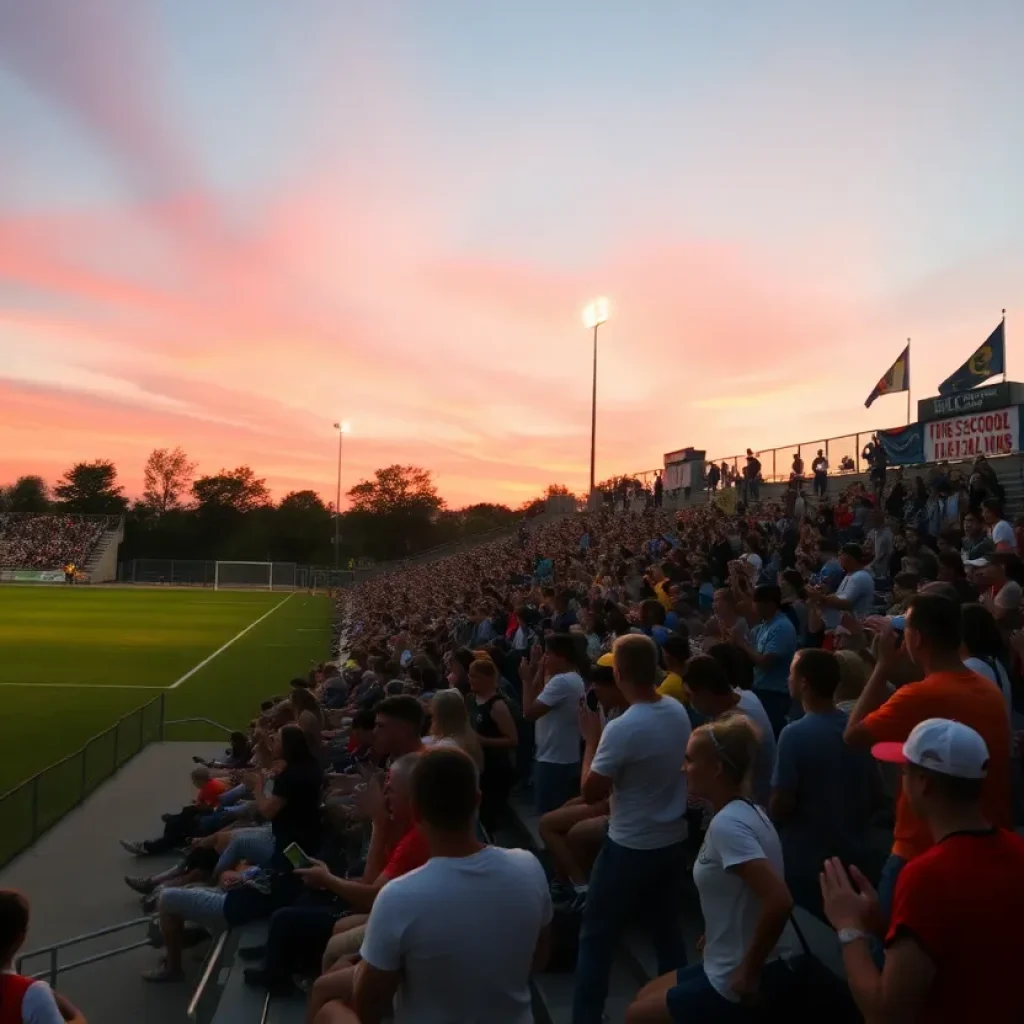 Excited fans cheering at a high school soccer match under stadium lights