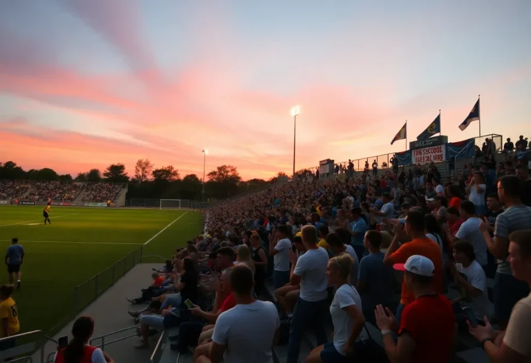 Excited fans cheering at a high school soccer match under stadium lights