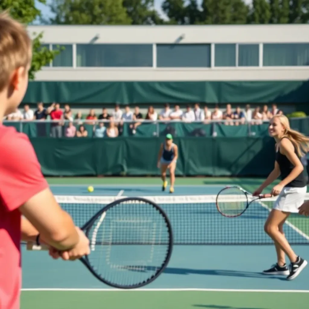 High school tennis match in action
