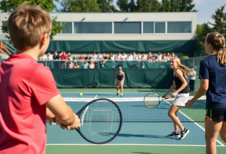 High school tennis match in action