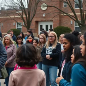 Community members gathering in front of school showing concern