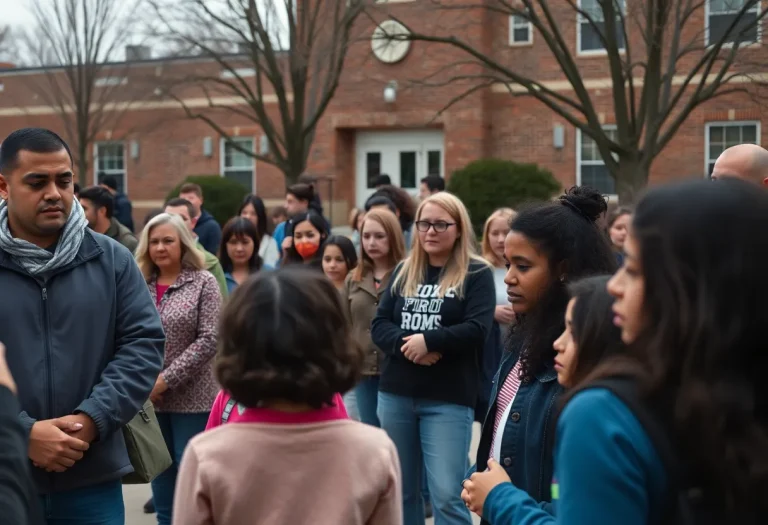 Community members gathering in front of school showing concern
