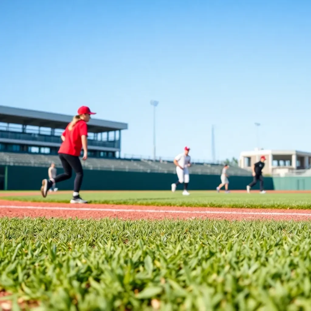 Newly upgraded baseball field with students playing