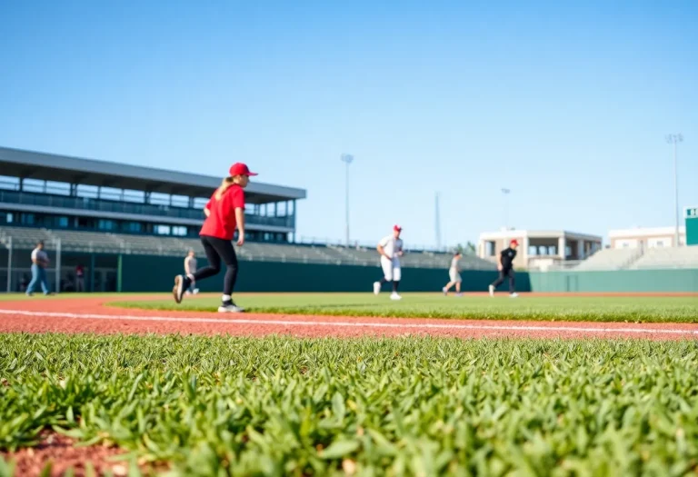 Newly upgraded baseball field with students playing