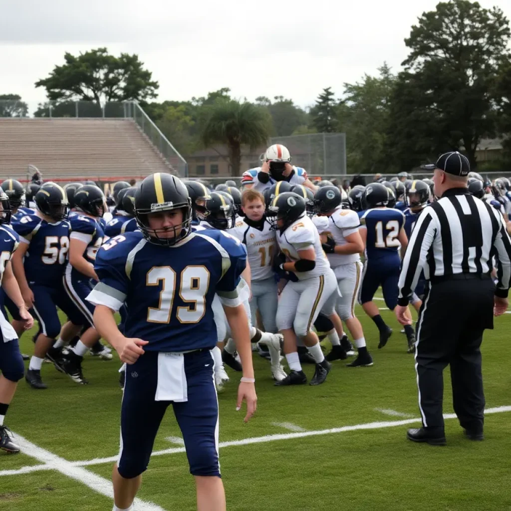 Scene of a chaotic high school football game with players and officials reacting to an incident.