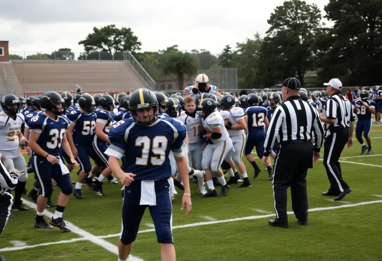 Scene of a chaotic high school football game with players and officials reacting to an incident.
