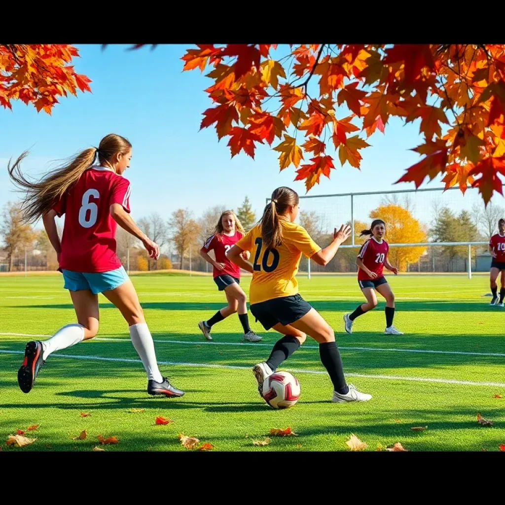 High school athletes playing soccer and volleyball in autumn