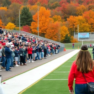 Fans cheering at a Vermont high school football game during the playoffs