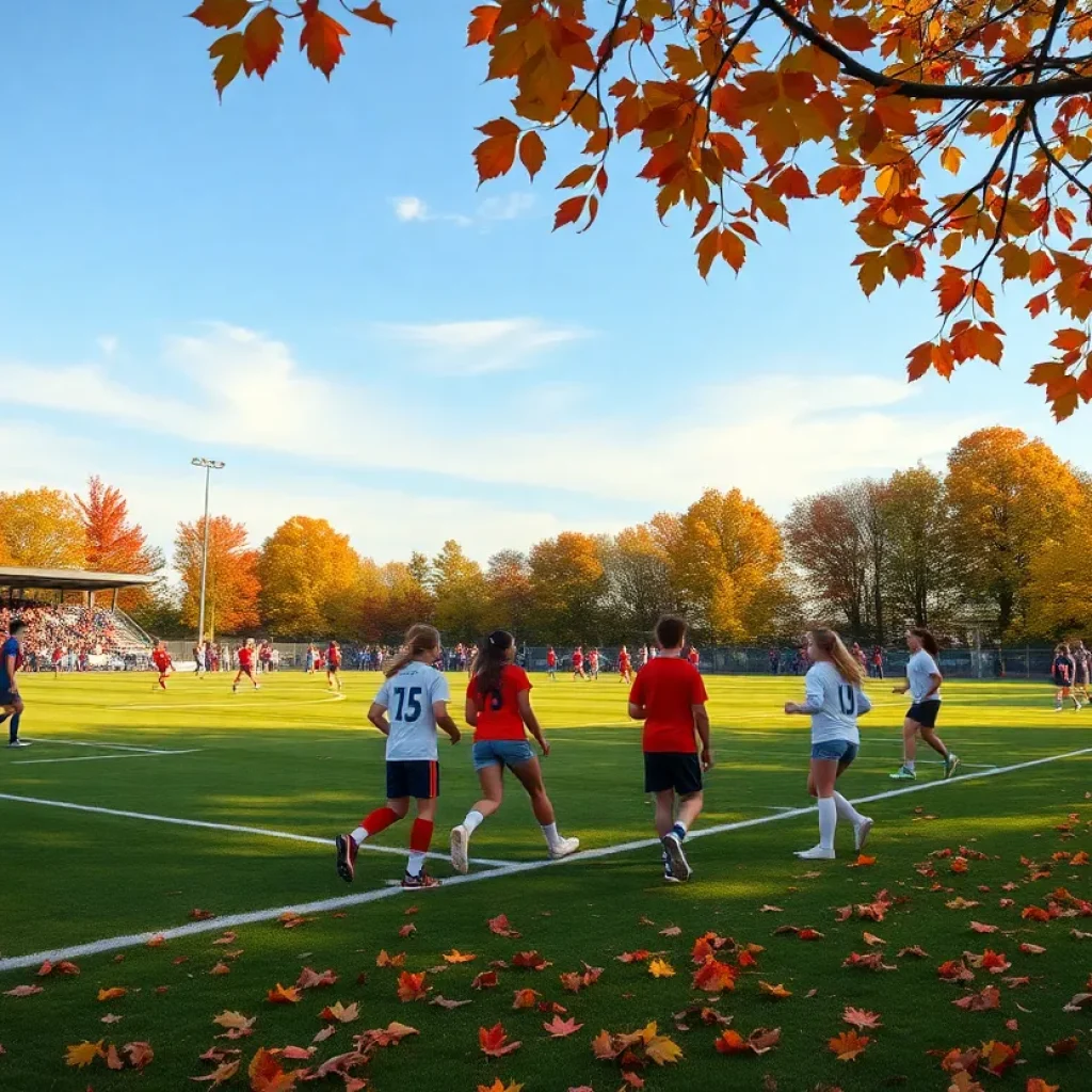 Students playing soccer during Vermont high school playoffs in autumn.