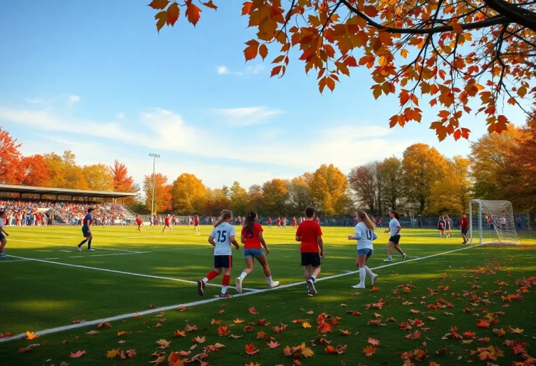 Students playing soccer during Vermont high school playoffs in autumn.