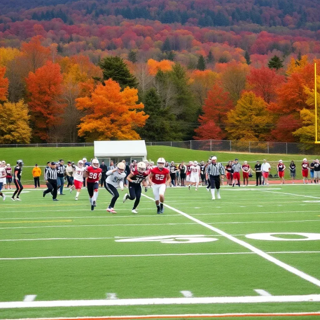 High school soccer players in action during Vermont playoffs amidst fall colors