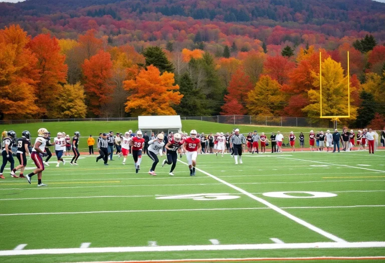 High school soccer players in action during Vermont playoffs amidst fall colors