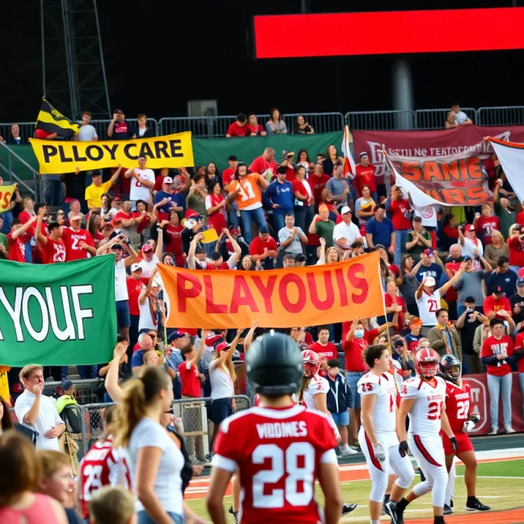 Cheering fans and players in action during a high school playoff game.