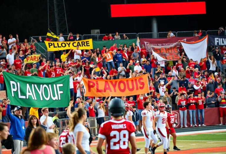 Cheering fans and players in action during a high school playoff game.