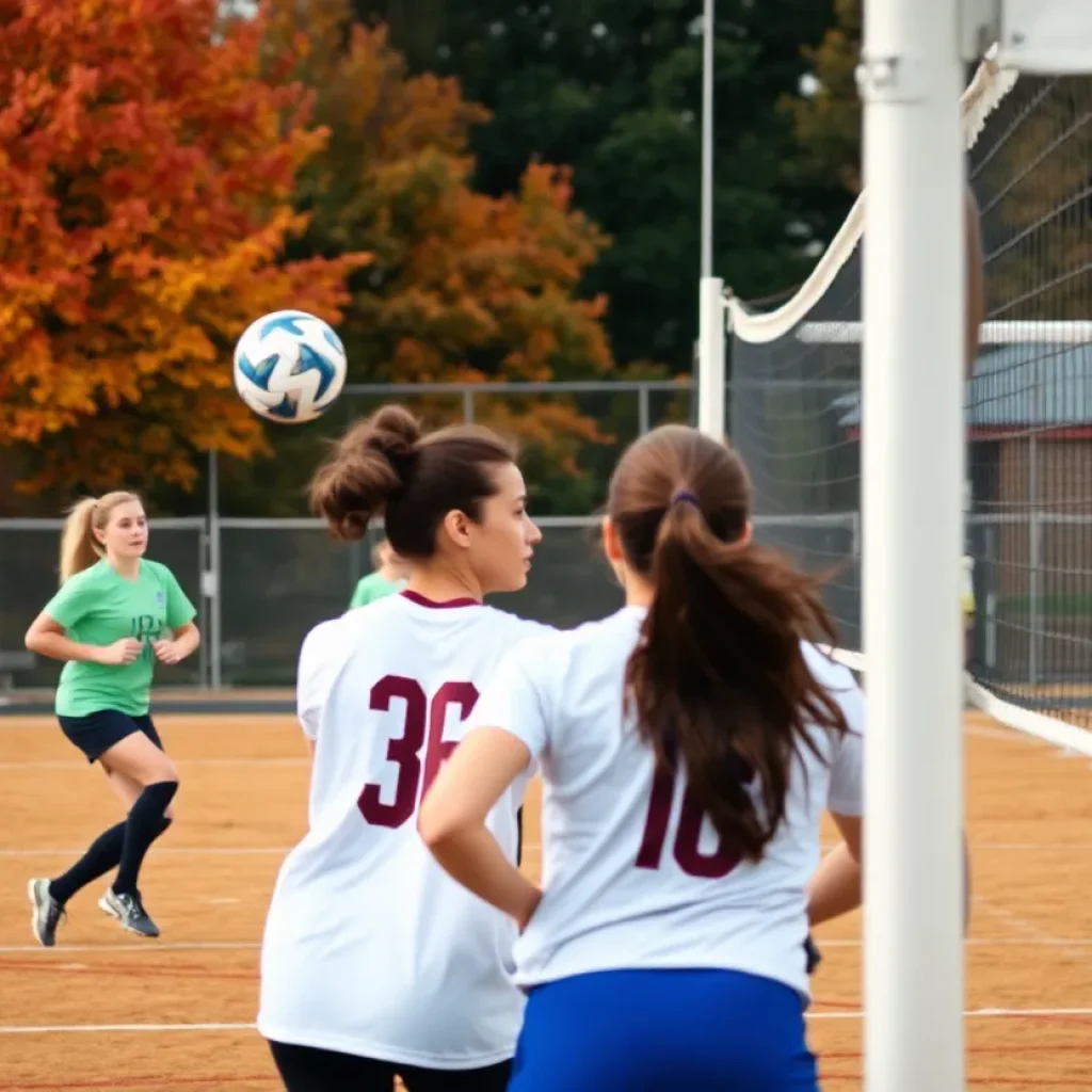 Fall sports event with high school athletes participating in soccer and volleyball