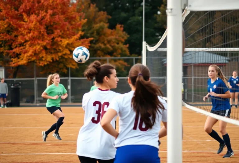 Fall sports event with high school athletes participating in soccer and volleyball