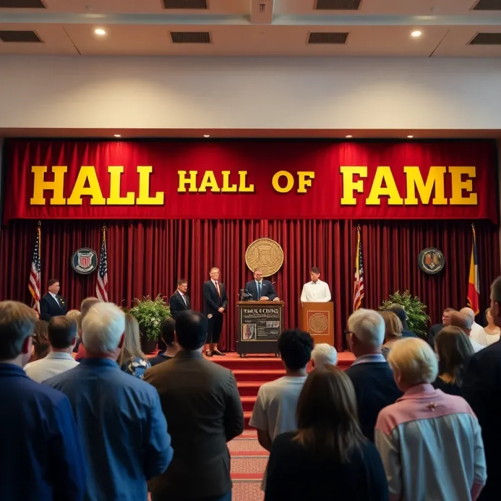 A gathering of sports fans celebrating at the Hall of Fame induction ceremony.