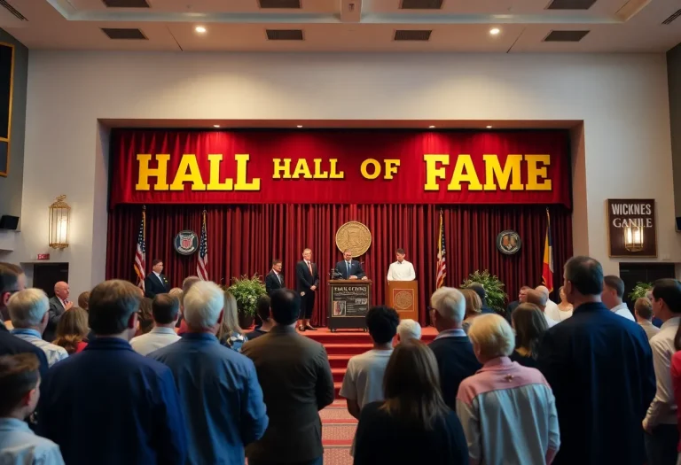A gathering of sports fans celebrating at the Hall of Fame induction ceremony.