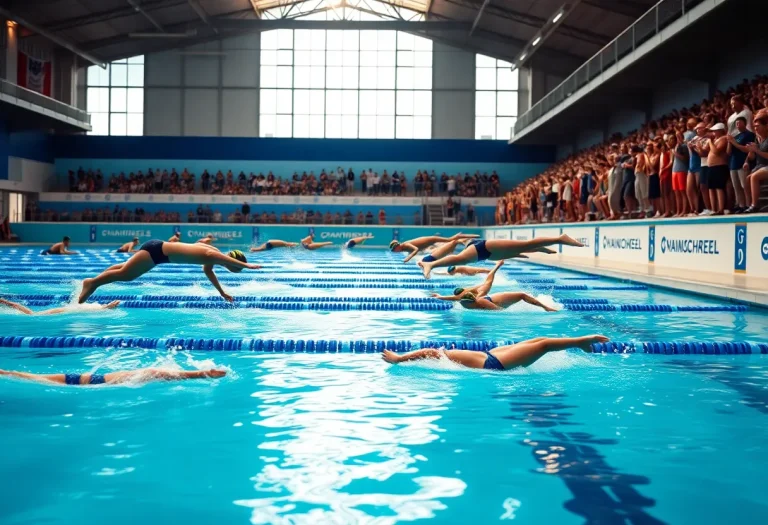 Swimmers competing in a regional swim championships at a natatorium