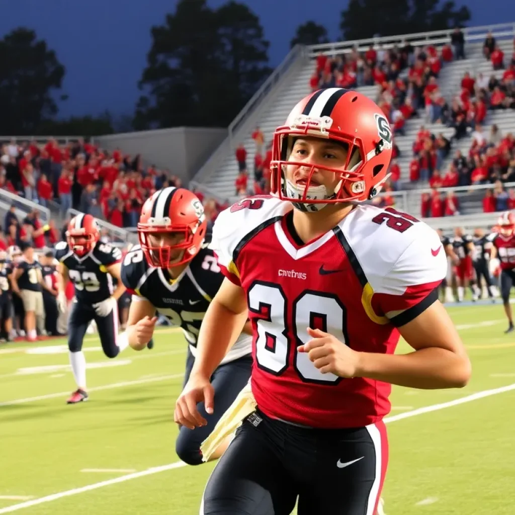 Action shot of high school football players in a thrilling game.