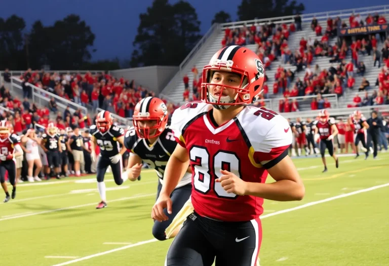 Action shot of high school football players in a thrilling game.
