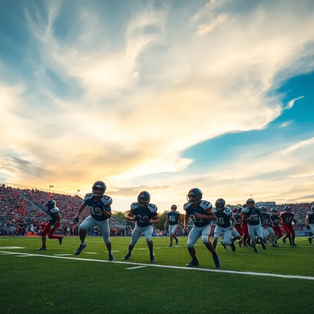 Participants in a high school football game under bright lights