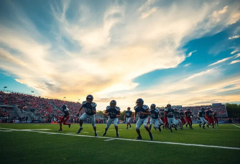Participants in a high school football game under bright lights