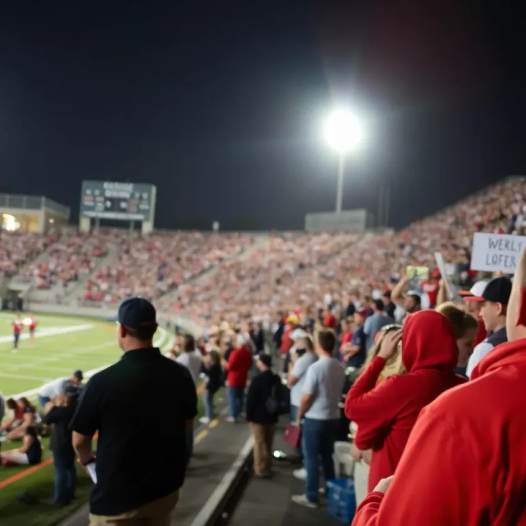 Scene of Wayne High School football stadium with security measures in place