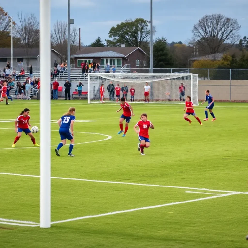 Girls soccer teams competing during a match