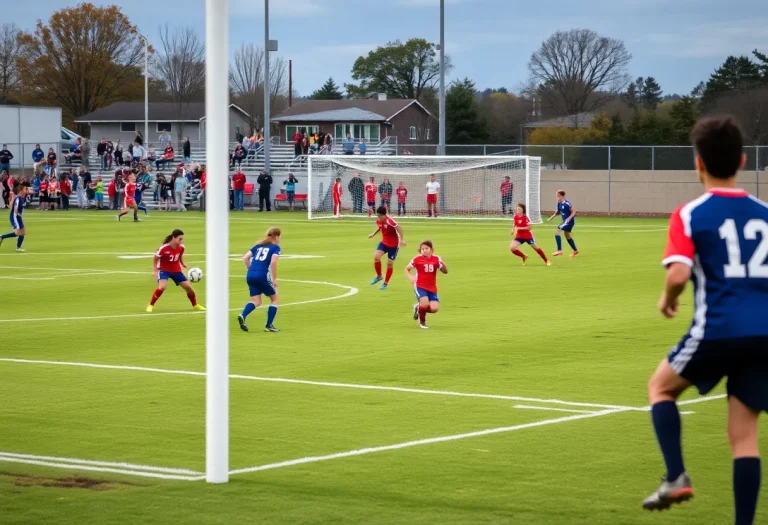 Girls soccer teams competing during a match