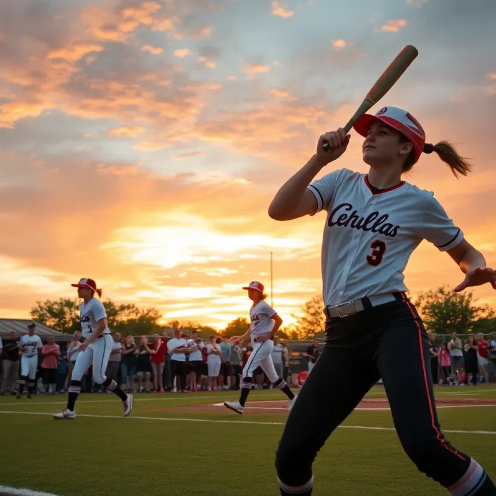Players from West Platte High School softball team in action during a game, under a vivid sunset.