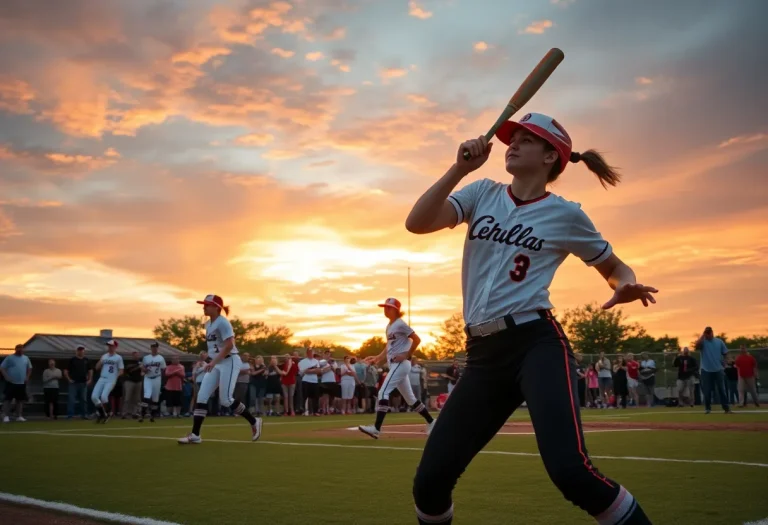Players from West Platte High School softball team in action during a game, under a vivid sunset.