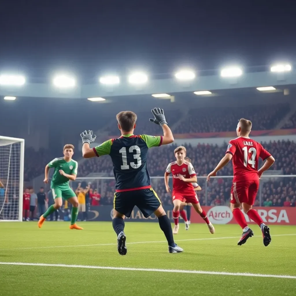 Boys soccer teams Wheat Ridge and Evergreen facing off in a scoreless match.
