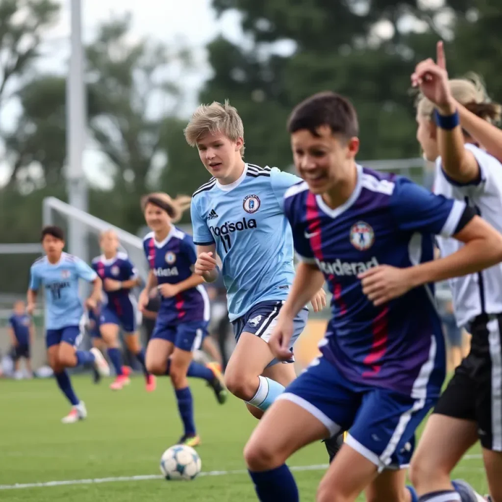 High school soccer players competing during a match