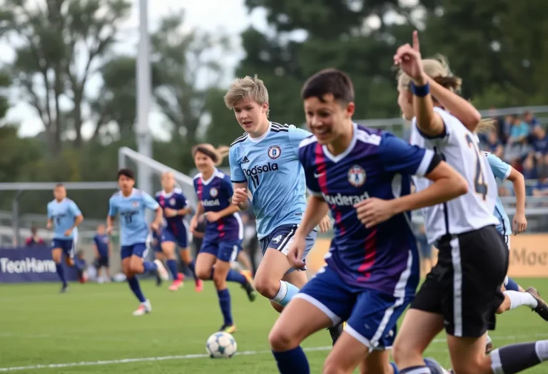 High school soccer players competing during a match