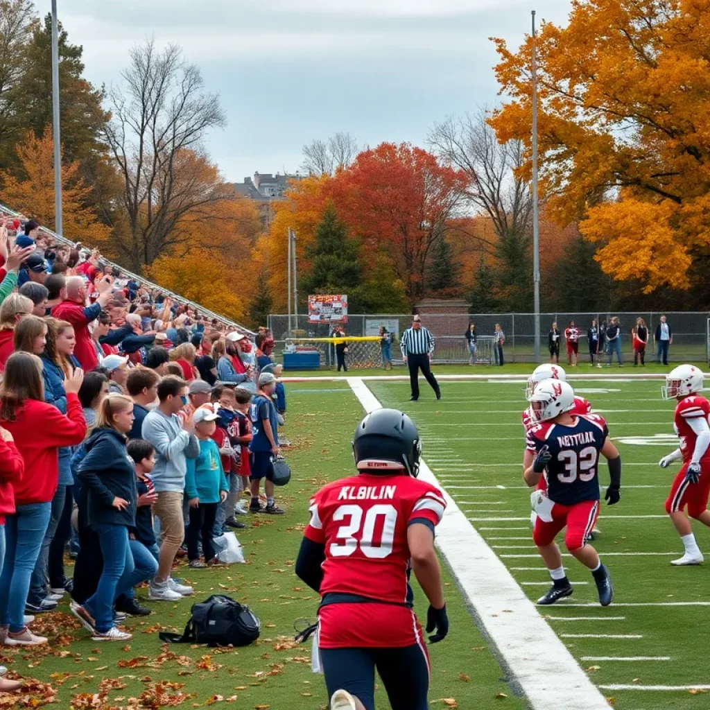 High school football players in action during playoffs with cheering fans.