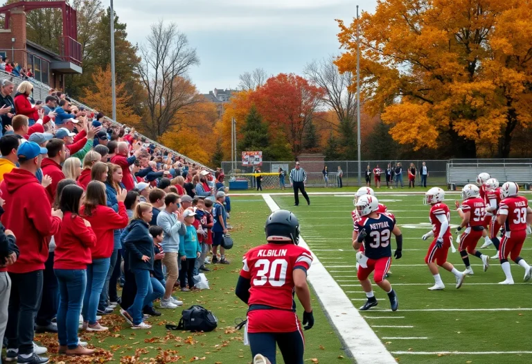High school football players in action during playoffs with cheering fans.