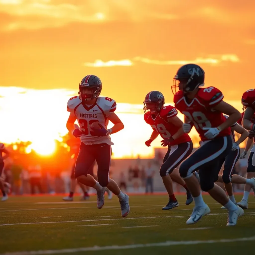 High school football players competing during a sunset