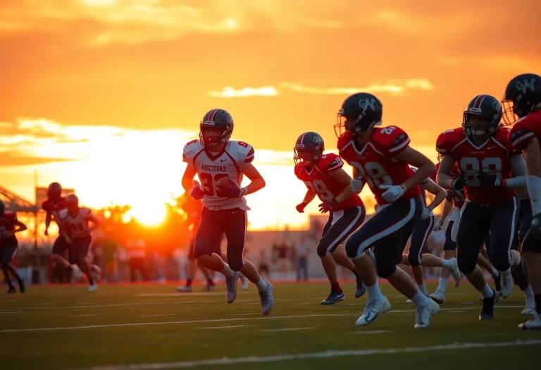 High school football players competing during a sunset