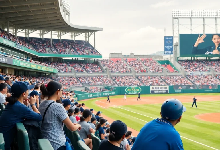 Women’s baseball players in action during an exhibition game in Nagoya, Japan.