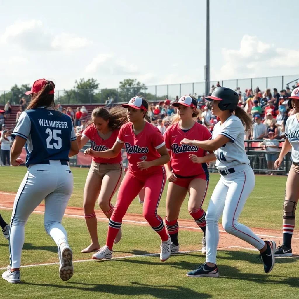 Female athletes playing baseball in a professional league setting