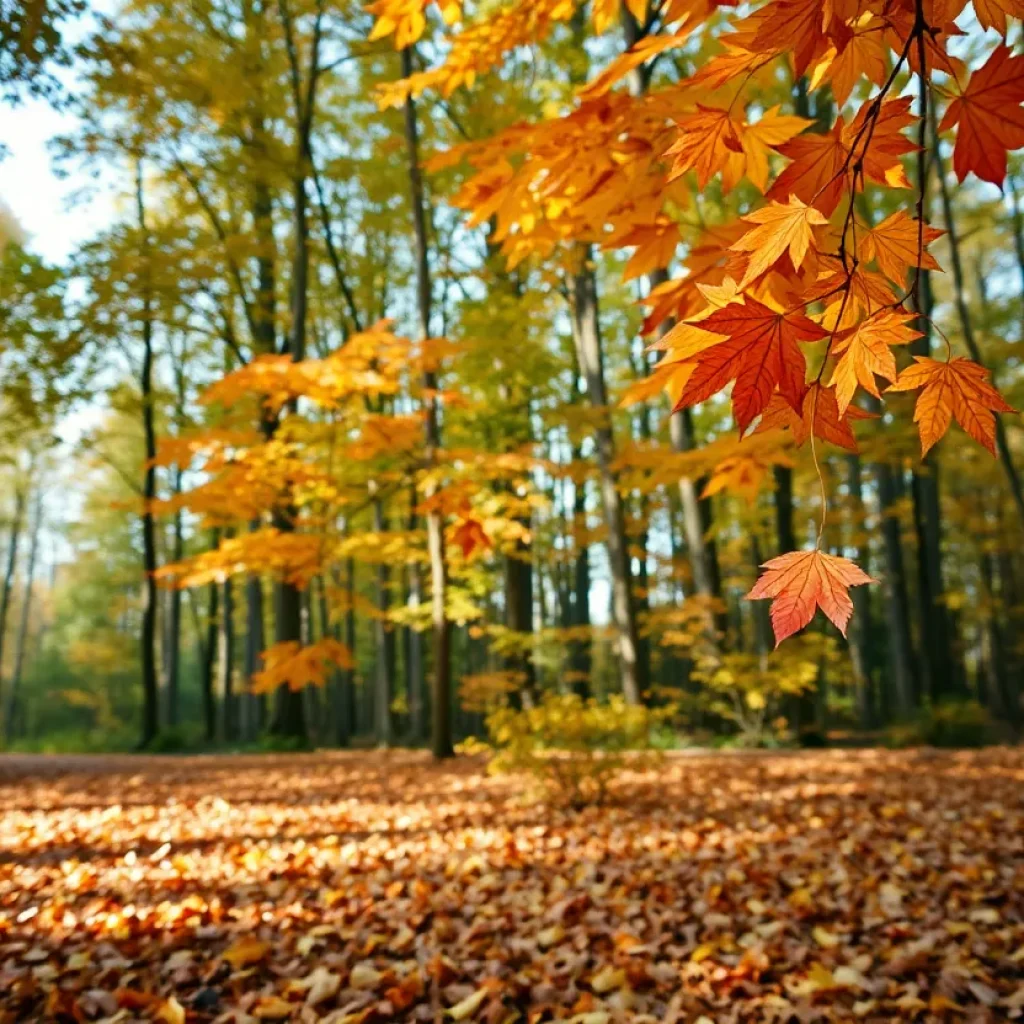 Scenic wooded area in autumn with falling leaves